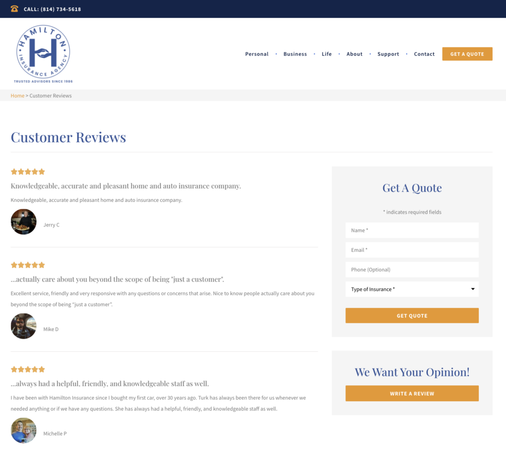Hamilton Insurance Agency features online reviews on their website